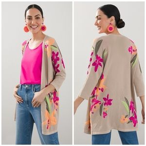 Chico's Floral Mesh Cardigan, Women's XL, Orange Pink Tan, Coverup